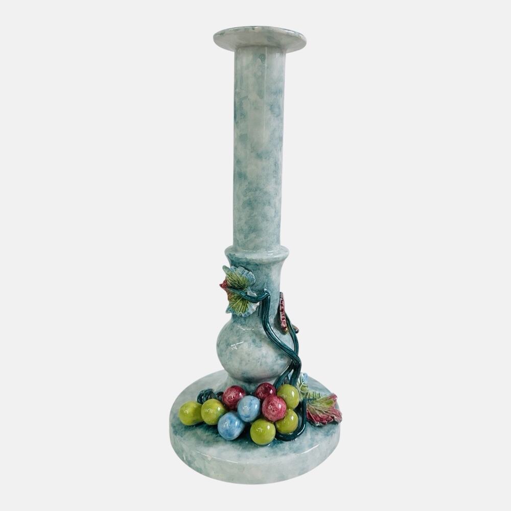 VTG Handmade Grape Vine Porcelain Pillar Candle Holder Painted Marble Look 11.5”